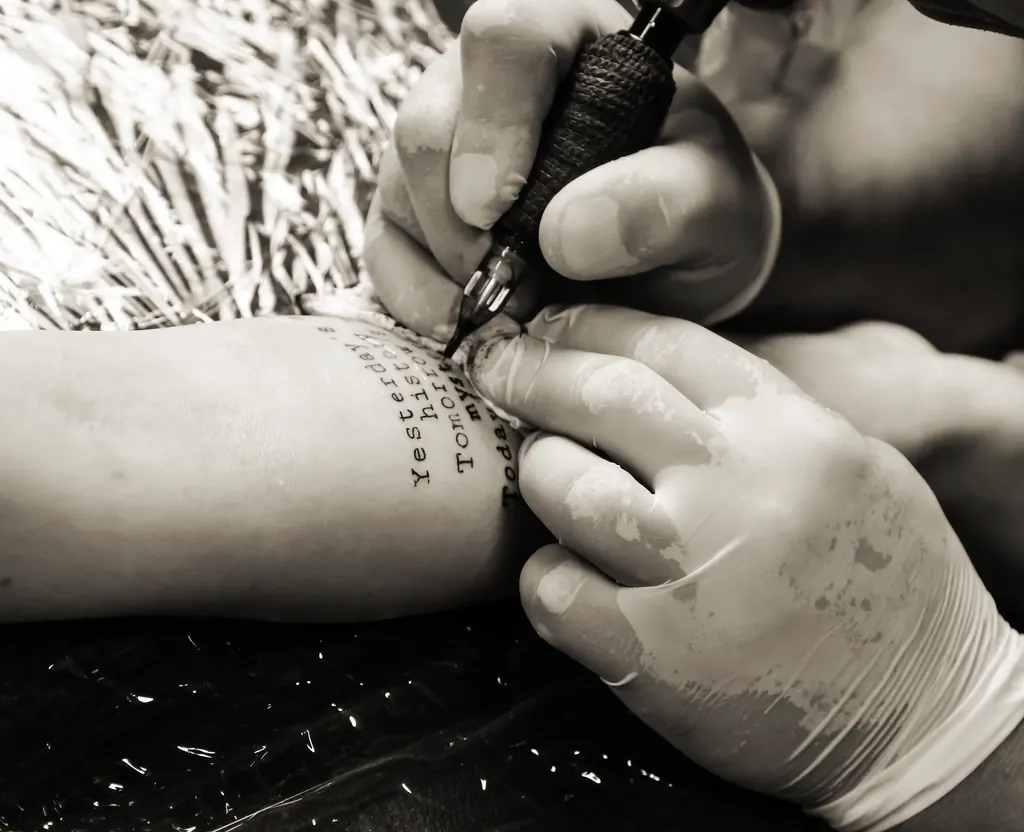 Black and white photo of a tattoo session